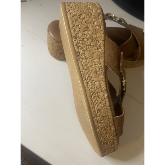 LOTTINI Suede Cross Band Cork Wedge Sandal Cuoio Gold Buckle Size 7 1/2 - Picture 2 of 4
